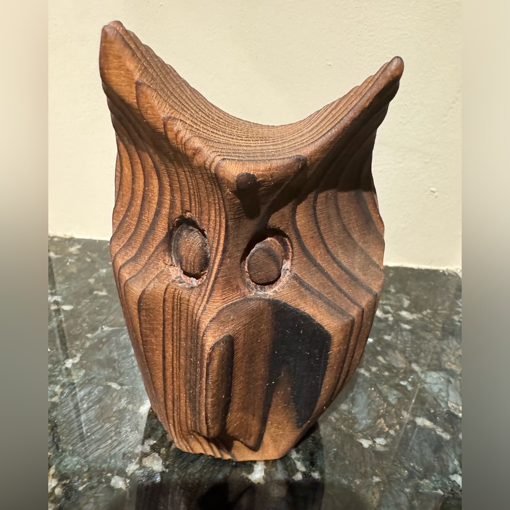 Vtg Owl Hand Carved Redwood Figurine Wood Carvings Oscar‎ W Johnston 6”